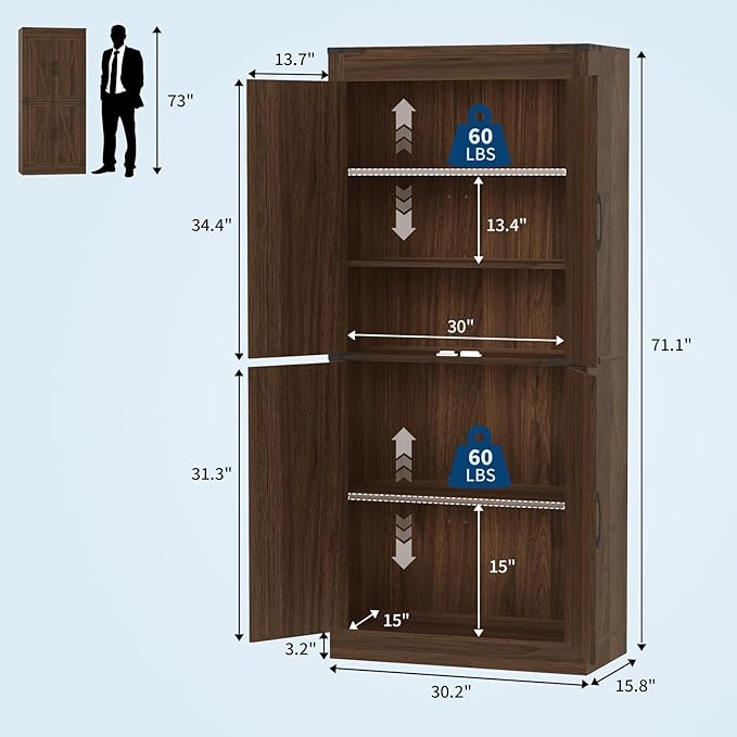 IDEALHOUSE 71" Tall Pantry Cabinet, Farmhouse Kitchen Pantry Storage Cabinets with 4 Doors and 5 Shelve, Large Narrow Food Storage Cabinet Cupboard for Dining Room Living Room