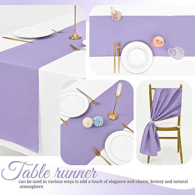 12 Pack Lavender Polyester Table Runner 12 x 108 Inch Long Rustic Farmhouse Wedding Table Runners, Washable and Reusable Table Runner for Wedding Birthday Parties Banquet Table Decorations