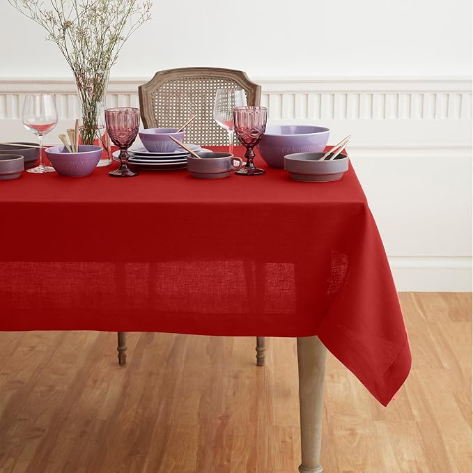 Solino Home Red Linen Tablecloth 60 x 90 Inch - 100% Pure Linen Table Cloth for Rectangle Tables - Fete, Machine Washable Tablecloth for Valentines, Winter
