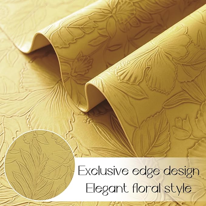 Romanstile Vinyl Placemats Set of 6-12 X 18 Inch - Heat Resistant Non-Slip Embossed Floral Place Mats 100% Waterproof Oilproof Wipeable Faux Leather Table Mats for Kitchen/Dining/Party, Yellow