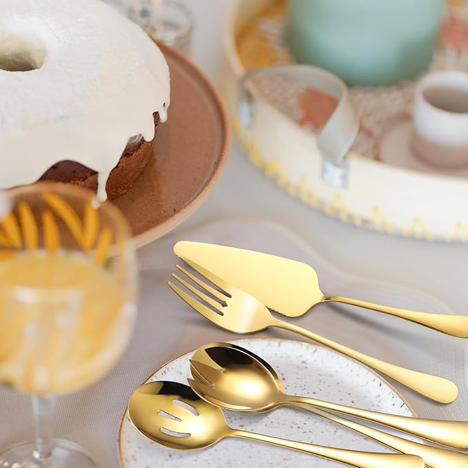 A쨌 HOUSEWARE Gold Kitchen Utensils Serving Set 10 Piece Catering Silverware Stainless Steel Flatware for Buffet Party include Tong Serving Spatula Skimmer Ladles Big Fork Cheese Knife Dessert Spoon