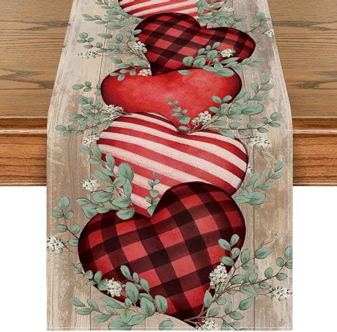 Artoid Mode Wood Eucalyptus Hearts Valentine's Table Runner, Anniversary HoliKitchen Dining Table Decoration for Home Party Decor 13x72 Inch