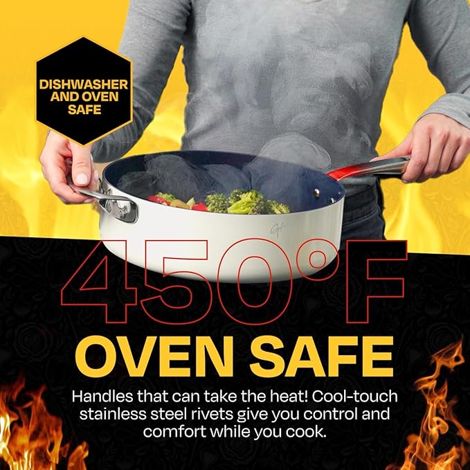 Guy Fieri's Flavortown 15-Piece Ceramic Cookware Set, Nonstick Pots and Pans for Cooking, Easy-Clean Kitchen Cookware, Made without PFAS PTFE PFOA, Induction Compatible, Dishwasher Safe, Blue & White