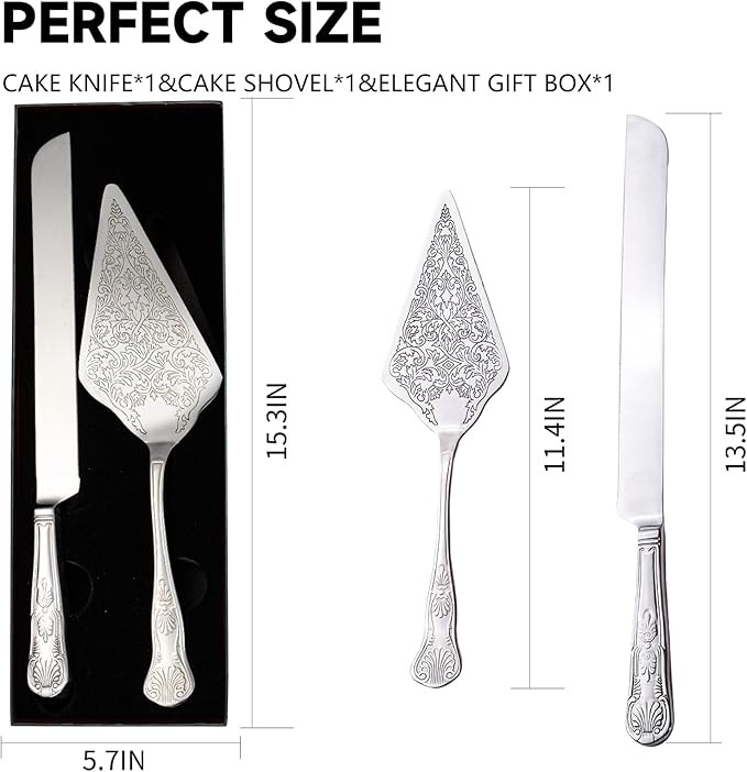 Vintage Wedding Cake Knife and Server Set, Stainless Steel Cake Pie Pastry Cutting Knife & Serving Spatula Set, Premium Party Supplies for Wedding, Birthday, Anniversary & Events, Silver