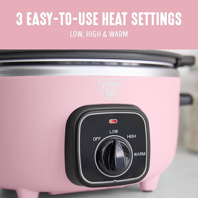 GreenLife 3.5QT Slow Cooker, PFAS-Free Non-Toxic Ceramic Nonstick Removable Interior Bowl, Programmable, Keep Warm, Stovetop & Oven Safe Pot, Dishwasher Safe Crock & Glass Lid, Pink