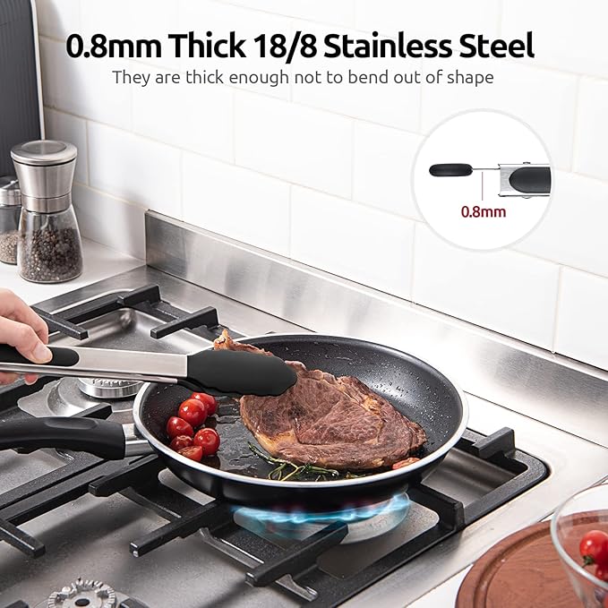 600쨘F Heat Resistant Kitchen Tongs: U-Taste 9+12 inch Silicone Cooking Tong Set with Firm Sealed Non Stick Rubber Tips and Silicon Coated 18/8 Stainless Steel Handle for Serving Grilling Salad (Black)