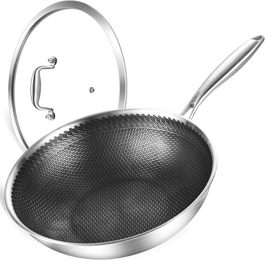 DELARLO Tri-Ply Stainless Steel Wok Pan With Lid 13 Inch, Oven Safe Up to 600??Woks & Stir-Fry Pans Nonstick Wok, Deep Frying Pan Efficent Fast Even Heating