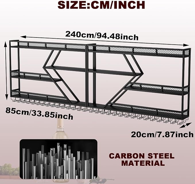 94.48in Metal Wine Rack Wall Mounted, Modern Wine Storage Rack Wall Mounted with Wine Glass Holder, Liquor Shelf, Bar Shelves for Liquor Bottles (3 Tiers Black, 94.48 * 7.87 * 33.85INCH)