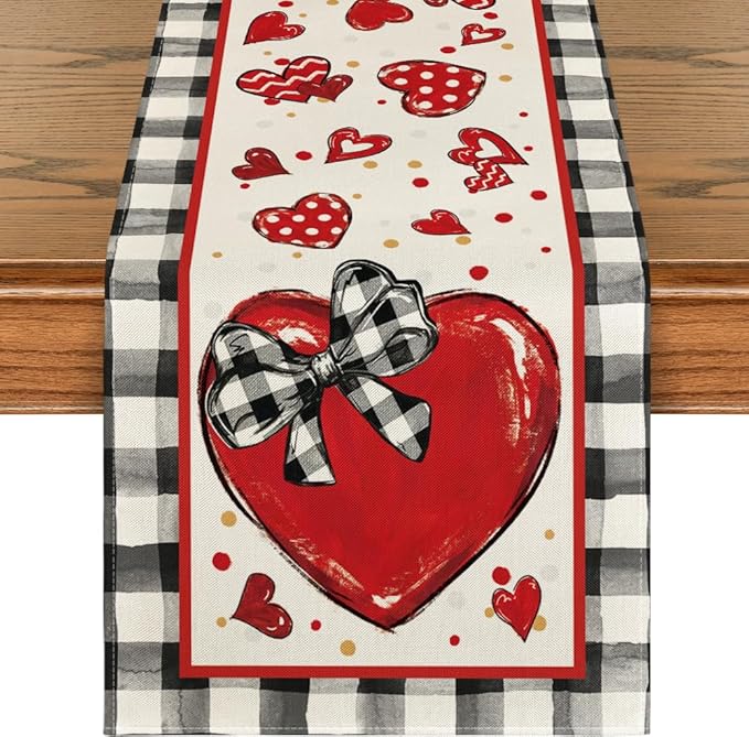 Artoid Mode Buffalo Plaid Red Heart Bow Tie Valentine's Table Runner, Seasonal Kitchen Dining Table Decoration for Home Party Decor 13x48 Inch
