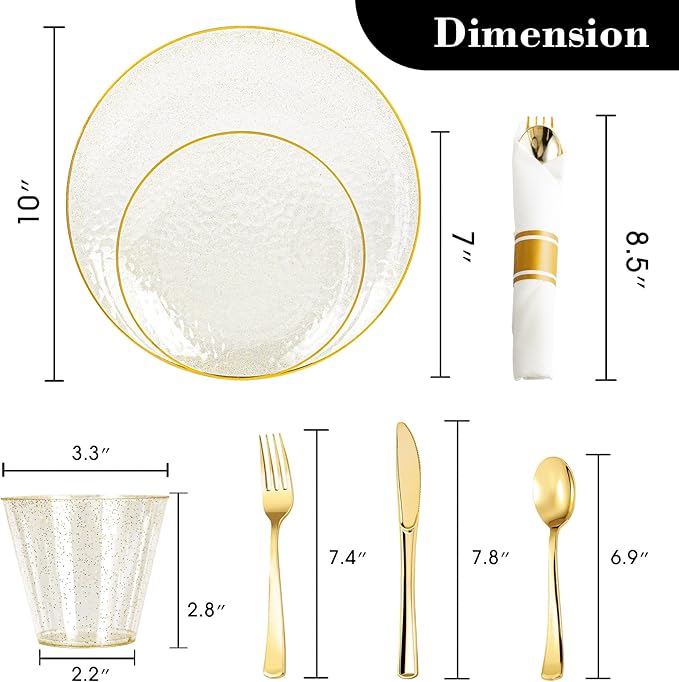 HOMIP 175 Pcs Plastic Dinnerware Set (25 Guests), Clear Party Plates Include 25 Dinner Plate, 25 Dessert Plate, 25 Cups, 25 Gold Cutlery Set And Pefect for Party and Wedding