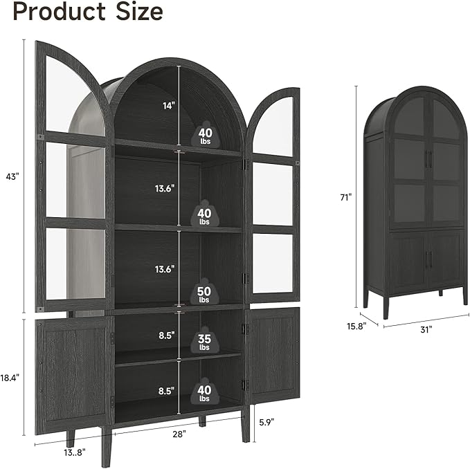 ONBRILL 71" Tall Arched Cabinet, 5-Tier Arched Kitchen Pantry with Glass Doors & Shelves, Modern Display Arch Cabinet with Adjustable Feet, Wooden Pantry for Living Room, Dining Room (Black)