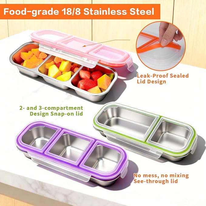 4 Pack Stainless Steel Lunch Containers for Adults, 304-Grade, 2-Compartments Snack Container & Lunch Box with Lids, Reusable Snap-on Lid Snack Containers Set, Meal Prep Lunch Box (24 oz / 700ml)