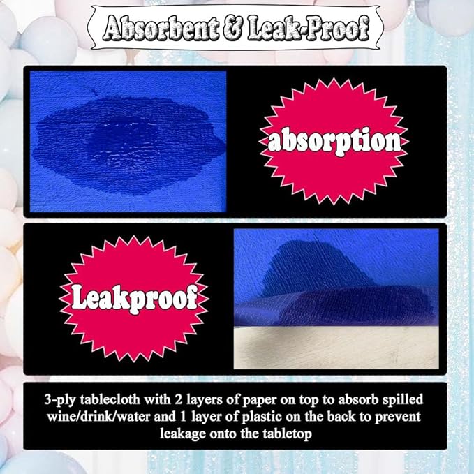 [6 Pack] Blue Paper Tablecloth Disposable for Rectangle Tables, 54X108 Inch Party Paper Table Cover with Plastic Backing, Waterproof 3 Ply Paper&Plastic Table Cloth for Banquet Birthday Indoor Outdoor