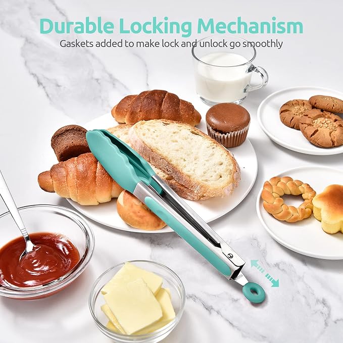 600쨘F Heat Resistant Kitchen Tongs: U-Taste 9 inch Silicone Cooking Tong with Firm Sealed Non Stick Rubber Tips & Silicon Coated 18/8 Stainless Steel Handle & Smooth Locking for Serving Salad-Aqua Sky