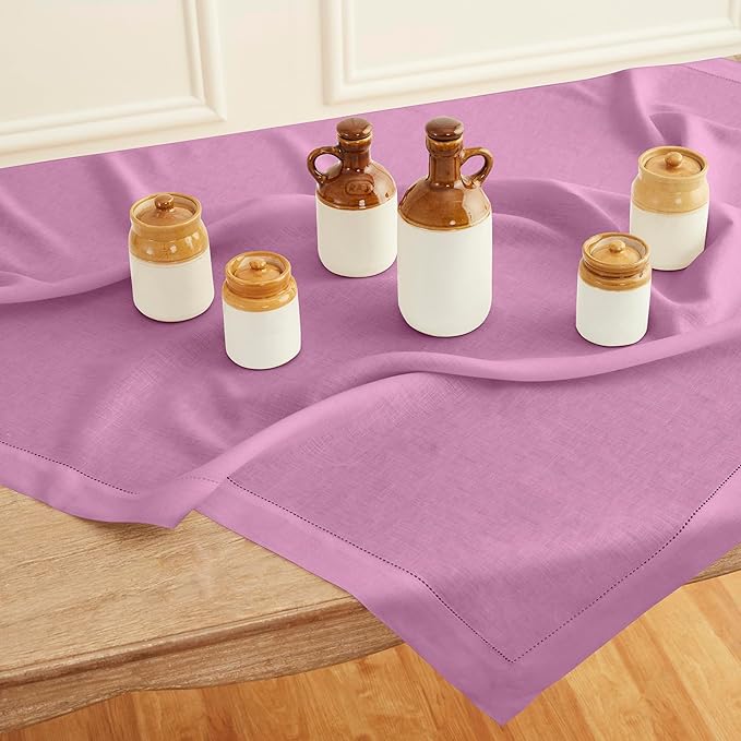 Solino Home Linen Tablecloth 52 x 52 Inch - 100% Pure Linen Violet Square Tablecloth - Classic Hemstitch, Machine Washable Table Throw for Valentines, Spring, Easter