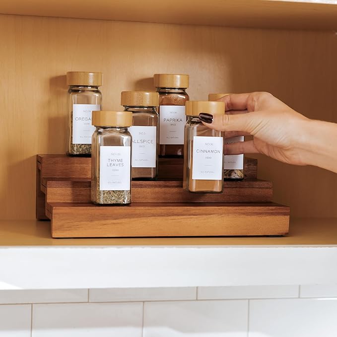 KitchenEdge Expandable Spice Rack Organizer for Cabinet, 3-Tier Shelf for Spice Organization (11??to 22??, Fits 36 Spice Jars, Seasoning and Pantry Storage, Non-Slip Feet, 100% Acacia Wood