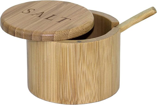 Totally Bamboo Salt Cellar Bamboo Storage Box with Magnetic Swivel Lid, 6 Ounce Capacity, Engraving on Lid, Includes Salt Spoon