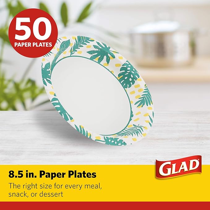 Glad Round Disposable Paper Plates, Palm Leaves Pattern - Strong, Sturdy, Soak Proof, and Microwavable Decorative Plates for Dinner and Everyday Use, 8.5 Inch, 50 Count