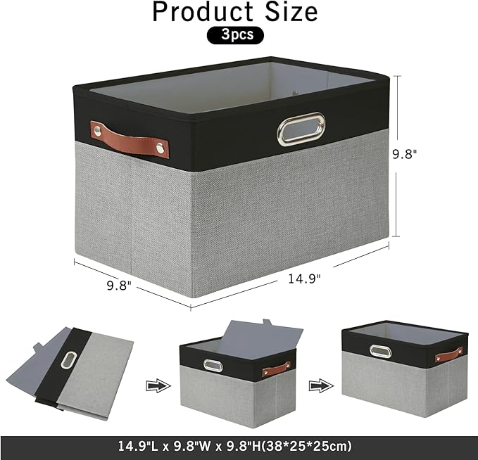 Bagnizer Large Collapsible Fabric Storage Bins with 3 Handles, Foldable Organizer Baskets for Closet, Shelves, Living Room | 3 Pack, Durable PU & Metal Handles (14.9"x9.8"x9.8", Black & Gray)