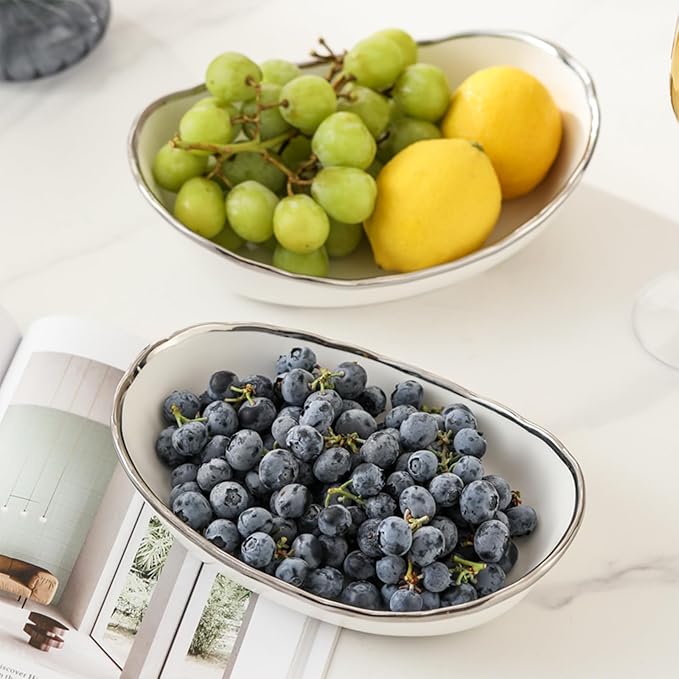 2 Tier Ceramic Fruit Bowl for Kitchen Counter, Tiered Fruit Basket for Countertop, Modern Multi Layer Fruit Display Stand for Party, Cute (Silver-rimmed, Small)
