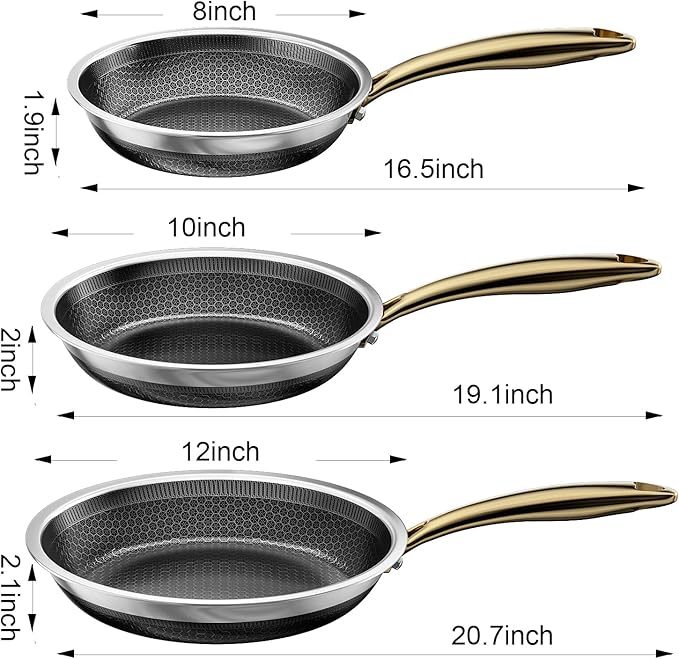 Fogdream 8"10"12" Non Stick Frying Pans, Stainless Steel Skillet with Lid,Tri-Ply Stainless Steel for All Cooktops, Dishwasher and Oven-Safe Cooking Pan, Stay-Cool Handle, Gold