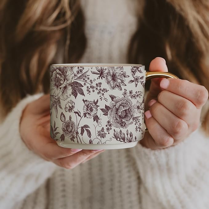 Sweet Water Decor Brown Delft Mug with Gold Handle, 14oz Fine Bone China Coffee Cup for Tea, Latte, or Hot Cider, Vintage Floral Fall Drinkware, Hostess & Housewarming Gift for Women & Teachers