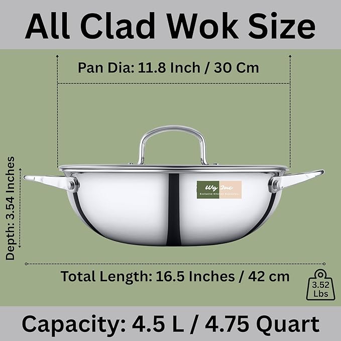 Stainless Steel Wok with Lid, 4.75 Qt / 4.5 L, All Clad Tri-ply Kadhai, 11.80 Inch Pan for Stir-Frying, Stews, Sauces, Deep Saute, Large Triply wok cookware, Trasparent Cover, Induction Compatible