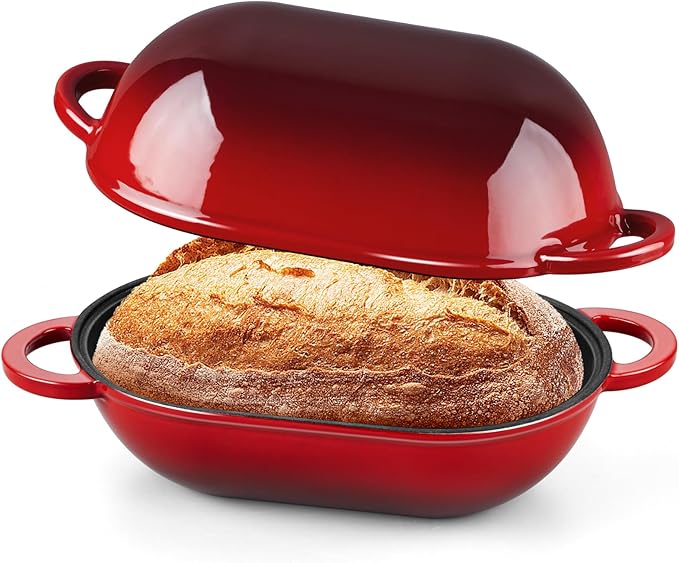 Onader Enameled Cast Iron Dutch Oven, 2.8QT Dutch Oven Pot with Lid for Sourdough Bread Baking, Oval Meatloaf Pan, Heavy Duty - Red