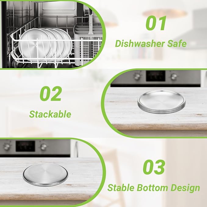 Stainless Steel Plates, 6 Pack 5.5 inch Mini 201 Metal Food Serving Plate Set, Reusable Snack Eating Dishes Round Shatterproof Silver Brushed Finish Dishes for BBQ Dinner Oven Dishwasher Safe