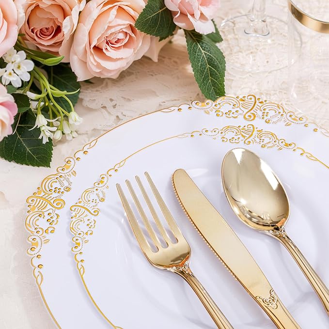YOUBET 700PCS Gold Plastic Dinnerware Set - White and Gold Disposable Plates for 100 Guest - 200 Disposable Plates, 300 Heavy Duty Plastic Silverware, 100 Cups,100 Napkins for Wedding