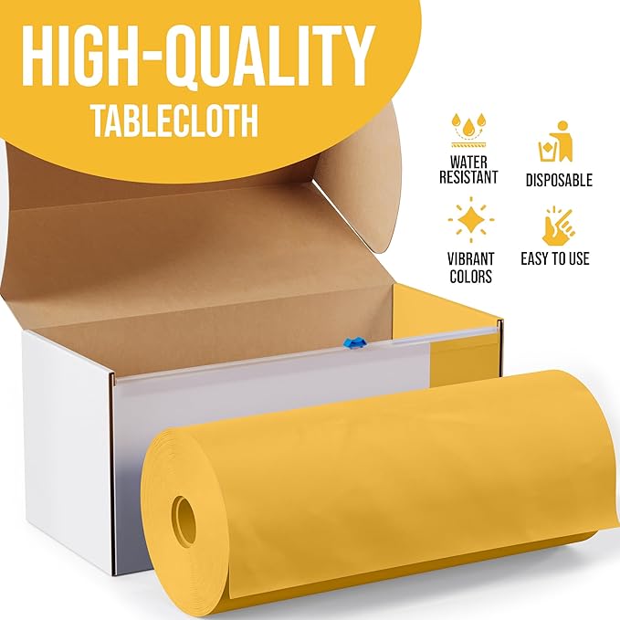 Party Solids 54 Inch X 300 Feet Yellow Plastic Table Cover Roll in A Cut - to - Size Box with Convenient Slide Cutter. Cuts Up to 36 Rectangle 8 Feet Plastic Disposable Tablecloths