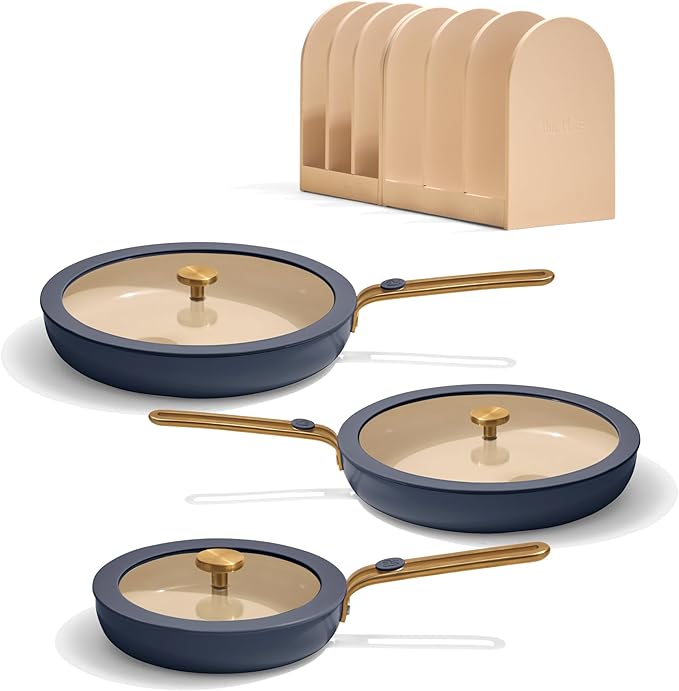 Our Place 8-Piece Essentials Complete Cookware Set - Ceramic Fry Pan Trio & Modular Rack Storage | Nontoxic Thermakind??Nonstick, Oven Safe up to 450째F & Compatible with All Cooktops | Blue Salt