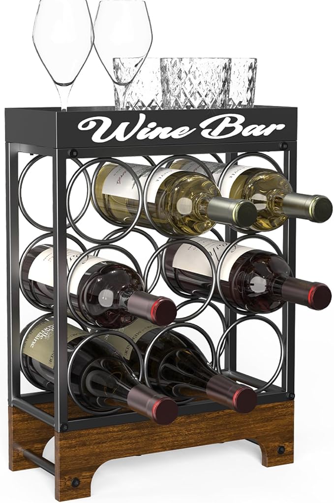 Countertop Wine Rack - 9 Bottle Freestanding with Top Tray, Modern Black Metal &Wood, 3 Tier Tabletop Wine Holder Stand for Home Kitchen Bar, Cabinet, Pantry, Wine Bottle Storage