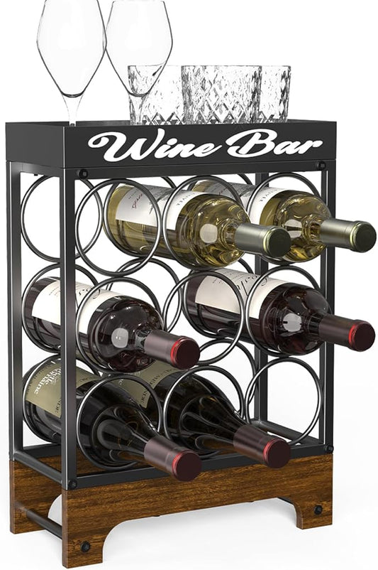 Countertop Wine Rack - 9 Bottle Freestanding with Top Tray, Modern Black Metal &Wood, 3 Tier Tabletop Wine Holder Stand for Home Kitchen Bar, Cabinet, Pantry, Wine Bottle Storage