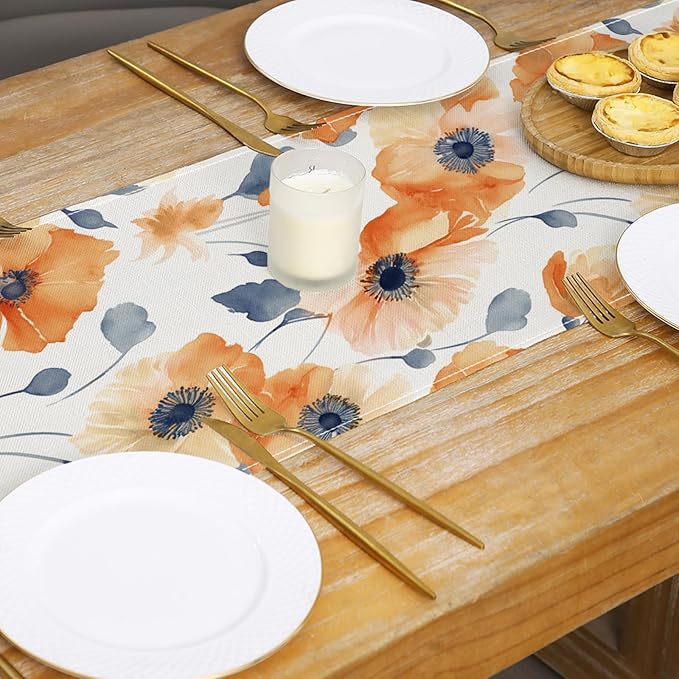 ZCHOMI Orange Floral Fall Table Runner 13x72 Inch Poppy Flower Seasonal Autumn Kitchen Dinning Table Decoration for Indoor Outdoor Home Party Decor