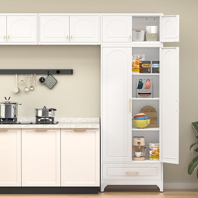 90??Tall Kitchen Pantry Cabinet,Storage Cabinet with Doors and Adjustable Shelves,Modern Kitchen Hutch Cabinets,Freestanding Cupboard for Living Room