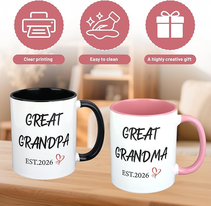 1 Pair Great Grandparents Gifts Est 2026 Mugs Set, Great Grandparents Baby Announcements, Christmas Gifts for Grandma Grandpa, Great Grandpa Mug Pregnancy Announcement Baby Reveal Mug