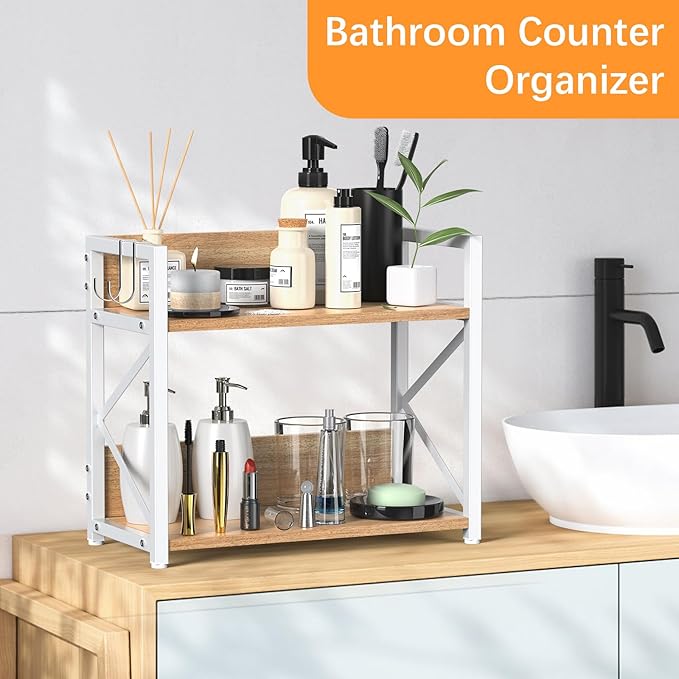 Spice-Rack-Organizer-Shelf for Kitchen Counter, 2 Tiers Coffee Bar Station Organizer for Countertop竊똕pace Saving Desk Shelving Riser Unit (Maple, Medium)