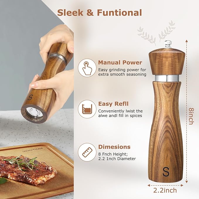 2 Pack Acacia Wood Salt and Pepper Grinder Set ??8??Manual Mills with Adjustable Ceramic Core, Stainless Steel, Tray, Spoon, Brush & Funnel ??Rustic Wooden Gift Set for Kitchen or Table