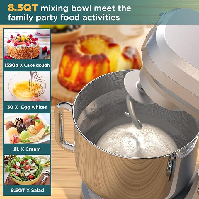 COOKLEE 6-IN-1 Stand Mixer, 8.5 Qt. Multifunctional Electric Kitchen Mixer with 9 Accessories for Most Home Cooks (silver)
