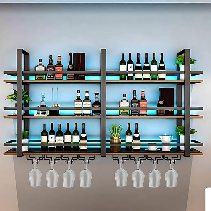 Wine Rack Wall Mounted with LED Lights, 3 Tier Metal Liquor Floating Display Shelves, with Wine Glass Rack, Iron & Wood Industrial Wall Wine Rack, for Bar, Kitchen, Cafe (Black, 62.9in)
