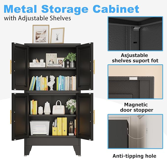 Metal Bathroom Storage Cabinet,Freestanding Bathroom Cabinet with 4 Doors and Adjustable Shelves,Bathroom Storage Organizer Unit,Floor Cupboard for Laundry Room,Kitchen, Living Room, Entryway（Black）