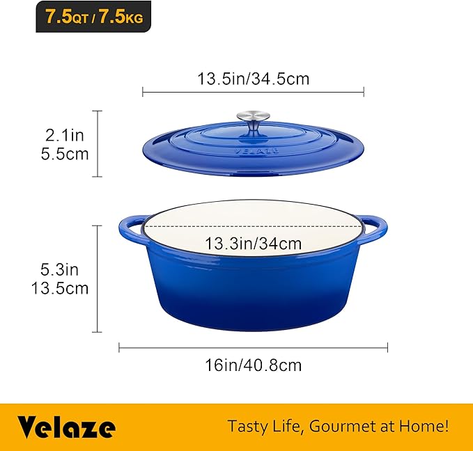 Velaze 7.5 QT Enameled Oval Dutch Oven Pot with Lid, Cast Iron Dutch Oven with Dual Handles for Bread Baking, Cooking, Frying, Non-stick Enamel Coated Cookware竊뉰lue)