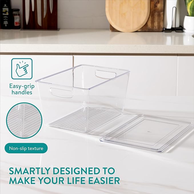 Navaris Fridge Storage Containers with Lids - Stackable Space-Saving Organizers - Large Capacity for Kitchen Pantry Organization - Set of 4 (3QT/4.9QT - 2.85L/4.6L)