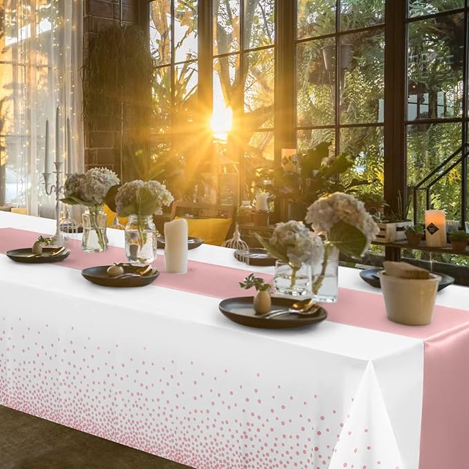 Disposable Plastic Tablecloth (White and Rose Gold Dot) And Satin Table Runner (Rose Gold) Set for Wedding Birthday Baby Shower Anniversary Christmas New Year Party, 16 Pack