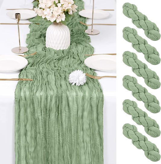 RealBox 6 Pack Sage Green Cheesecloth Table Runner 17x108 Inch Semi Sheer Boho Gauze Cheese Cloth Fabric Table Runners Table Decor for Wedding Party Baby Shower Birthday Home Decor Garden Farmhouse