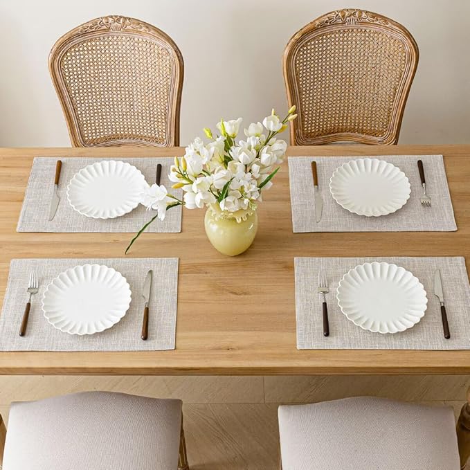 Aironment Placemats Set of 4, Bilayer Thickened Linen Place Mats Heat Resistant Machine Washable Wrinkle Free Carefully Selected Polyester Mats for Kitchen/Dining/Coffee Table (Cream Beige)