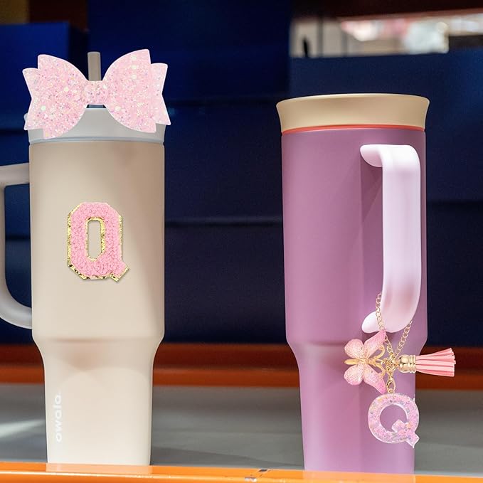 uxcell 8Pcs Cup Accessories Set for Cup Tumbler with Handle, Including Silicone Straw Cover, Boot, Spill Proof Stopper, Handle Charm, Initials Sticker(Letter Q, Pink)