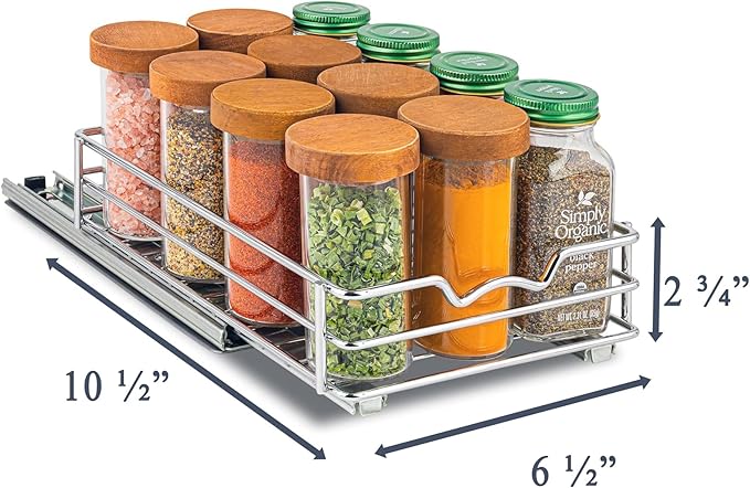 Pull Out Cabinet Organizer for Spices, Cans - Heavy Duty with Lifetime Limited Warranty- Pull Out Spice Rack- Cabinet Pull Out Shelf for Cans,Dishes, Etc, 6-1/2 "W x 10-1/2"D x 2-3/4?쒱, Chrome