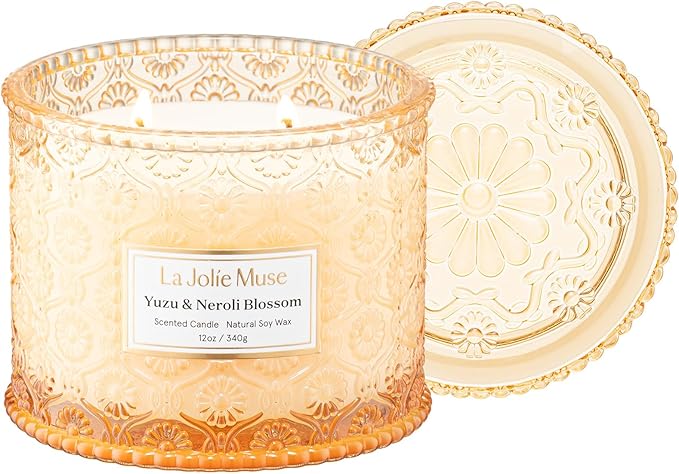 LA JOLIE MUSE Yuzu & Neroli Blossom Candle - Yuzu, Orange Blossom, Cedarwood | 12 oz Large 2-Wick Soy Wax Candle | 60 Hours Clean Burn | Citrus Scented Candle | Elegant Home D챕cor